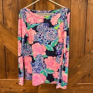 Lilly Pulitzer Navy Pink Floral Hydrangea Long Sleeve Top
